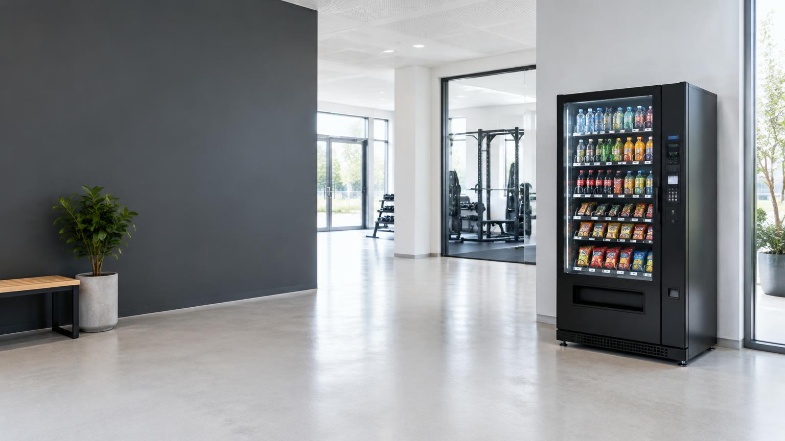 Varuautomat med dryck och snacks vid ett gym